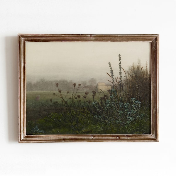 Misty Morning | Vintage Field Landscape Painting | Farmer Farmhouse Art | Flowers | Digital Download | 245