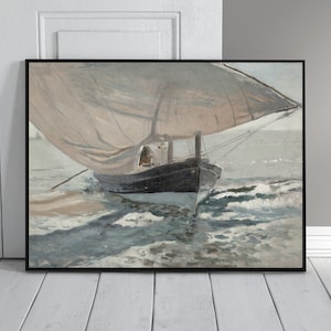 May include: A painting of a sailboat with a white sail, sailing on a choppy sea. The boat is dark blue and has a wooden mast. The water is a light blue and green color, and there are whitecaps on the waves.