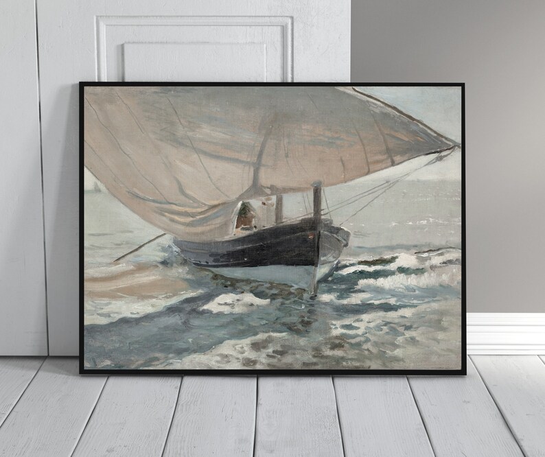 May include: A painting of a sailboat with a white sail, sailing on a choppy sea. The boat is dark blue and has a wooden mast. The water is a light blue and green color, and there are whitecaps on the waves.