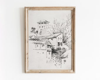 Granada Sketch | Vintage European City Home Drawing | Neutral Decor Art | Digital Download | 472