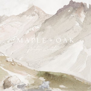 May include: A watercolor painting of a mountain range with a light brown, beige, and white color scheme. The text "MAPLE + OAK Vintage Curations" is in the center of the image.