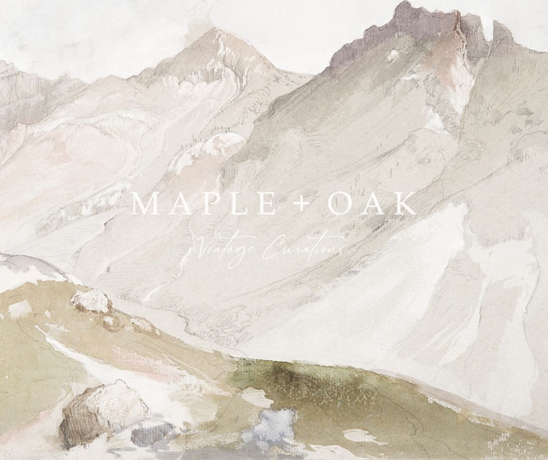 May include: A watercolor painting of a mountain range with a light brown, beige, and white color scheme. The text "MAPLE + OAK Vintage Curations" is in the center of the image.