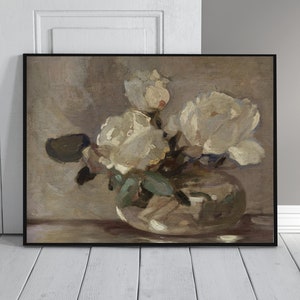 May include: A painting of a bouquet of white roses in a clear glass vase. The roses are arranged in a loose, natural style, and the vase is sitting on a table. The background is a soft, muted brown.