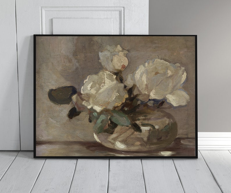 May include: A painting of a bouquet of white roses in a clear glass vase. The roses are arranged in a loose, natural style, and the vase is sitting on a table. The background is a soft, muted brown.