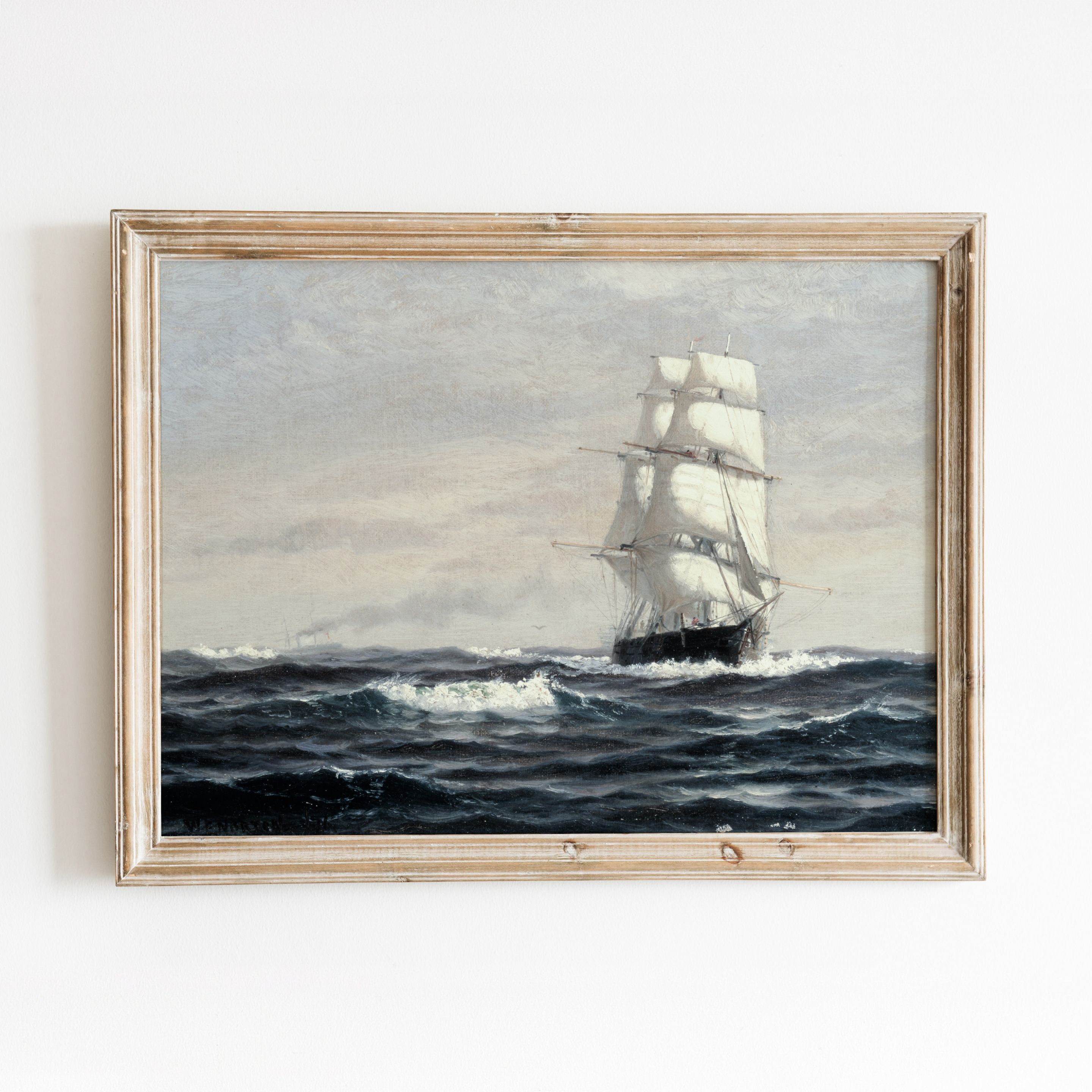 海上の船 | ヴィンテージ海景油絵 | 海の帆船ボートの絵画 | 印刷可能