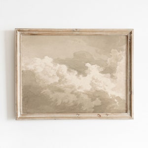 May include: A framed painting of a cloudy sky in shades of beige and brown. The frame is a light wood color.