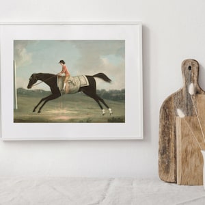 May include: Framed vintage equestrian art print. The artwork depicts a dark horse in motion with a jockey wearing a red jacket and black cap. The background features a green field and a cloudy sky.
