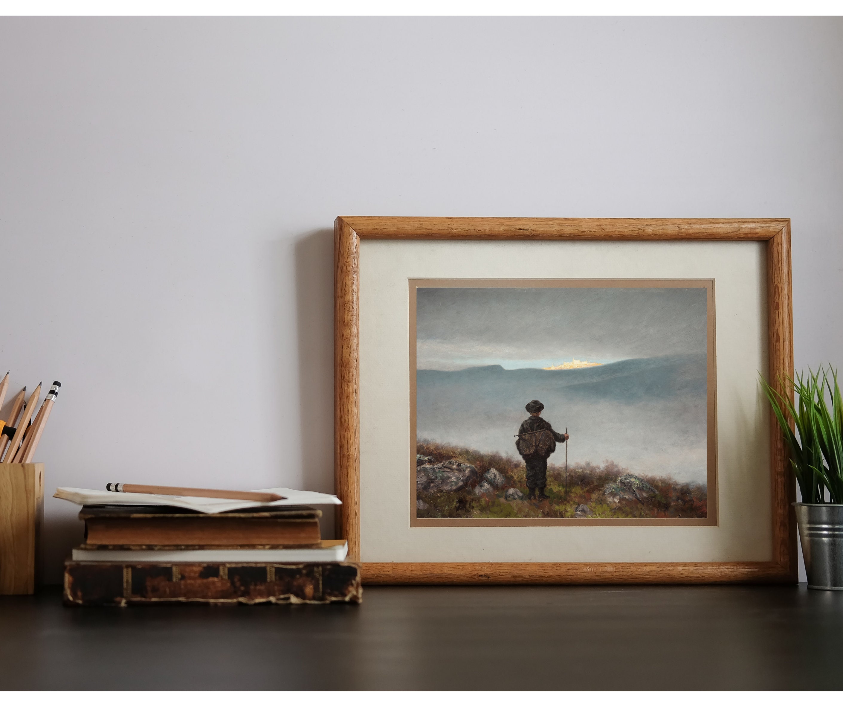 冒険家の絵画 | ビンテージハイキング探検アート | 山の風景