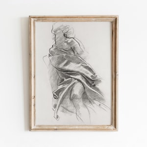 Draped Figure Sketch | Vintage Woman in Sheet Drawing | Black and White Art | Neutral Decor | Digital Download |  501