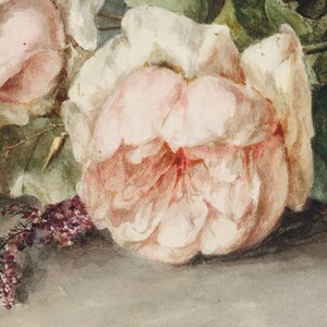 May include: A close-up of a watercolor painting of pink roses. The roses are painted in a realistic style, with soft, delicate petals. The painting is set against a background of green leaves.