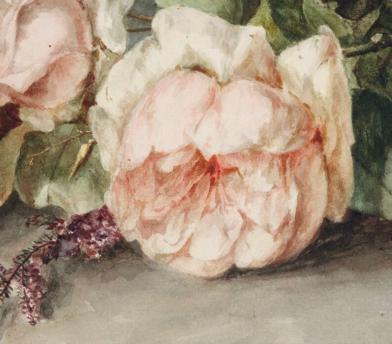 May include: A close-up of a watercolor painting of pink roses. The roses are painted in a realistic style, with soft, delicate petals. The painting is set against a background of green leaves.