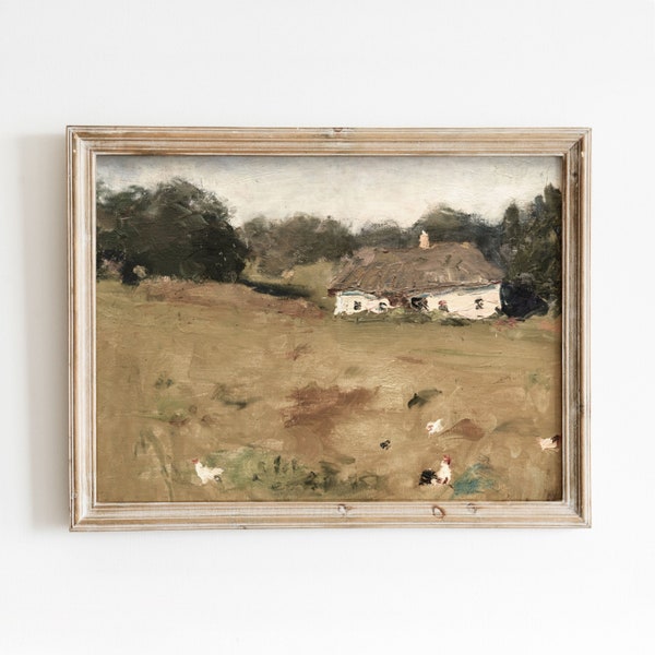 Cottage + Roosters | Vintage Rural Country Painting | Farmhouse Artwork | Digital Download | 316