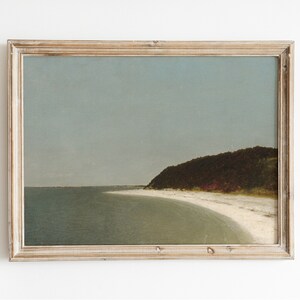 May include: A framed painting of a seascape with a sandy beach, a curved shoreline, and a forested hillside in the distance. The sky is a light blue, and the water is a muted green.
