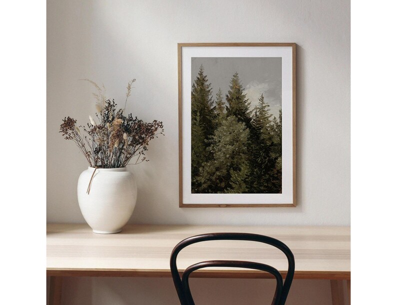 Coniferen | Vintage boomlandschapsschilderij | Natuurkunst | Neutraal wanddecoratie | Digitale download | 645 afbeelding 3