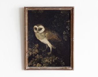 Night Owl | Vintage Nocturnal Bird Painting | Dark Black Moody Art | Digital Download | 328