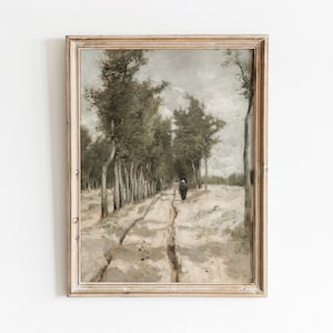 Puede incluir: Una pintura vintage de un camino de tierra bordeado de árboles, con una sola figura caminando por el medio del camino.