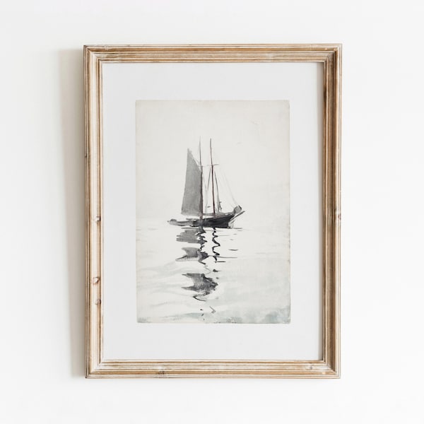 Calm Sailing | Vintage Sailboat Watercolor Painting | Black and White | Nautical Decor Art | Digital Download | 330