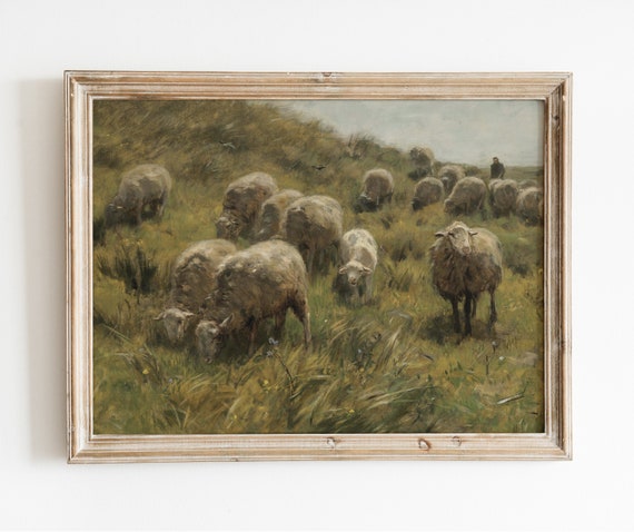 Grazing Sheep Vintage Animal Landscape Painting Nature - Etsy