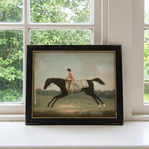 May include: A framed equestrian print featuring a black horse with a rider in a red jacket and black cap. The artwork is set against a backdrop of a green field and a cloudy sky, framed in a black wooden frame.