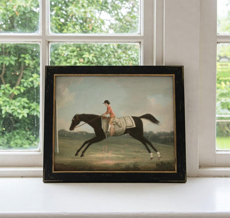 May include: A framed equestrian print featuring a black horse with a rider in a red jacket and black cap. The artwork is set against a backdrop of a green field and a cloudy sky, framed in a black wooden frame.