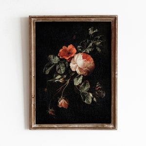 Rose Still Life | Vintage Still Life Flower Painting | Black Red Pink Decor | Vintage Printable Art | 53