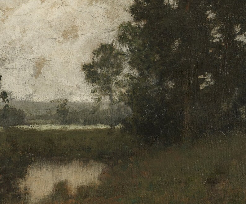 Pu&ograve; includere: Un dipinto di un paesaggio con uno stagno in primo piano, un campo nel mezzo e alberi sullo sfondo. Il cielo &egrave; di colore grigio chiaro e gli alberi sono di colore verde scuro.