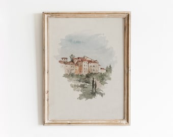 Italienisches Dorf Aquarell | Vintage toskanisches Landschaftsgemälde | Neutrale europäische Kunst | Digitaler Download | 257