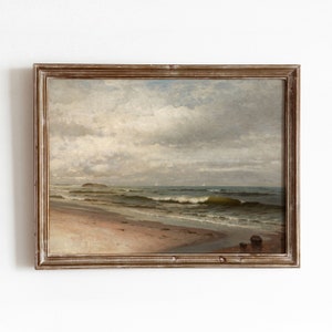 Warm Hued Moody Beach | Vintage Coastal Beach Painting | Overcast Cloudy Ocean Painting | Printable Art | 89