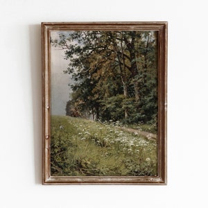 Blumenwiese in der Nähe von Wäldern | Vintage weiße Blumen-Natur-Gemälde | Baum Wald Landschaft | Digitaler Download | 318