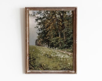 May include: A framed painting depicting a lush green forest scene with a path leading through the trees. The path is lined with white wildflowers and the trees are a mix of green and brown.