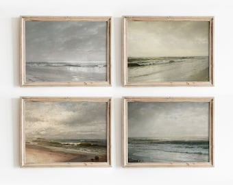 Moody Beaches Set of 4 | Vintage Coastal Seascape Paintings | Sandy Shore Art | Digital Download | 456