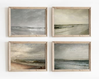 Moody Beaches Set de 4 / Pinturas vintage de paisajes marinos costeros / Sandy Shore Art / Descarga digital / 456
