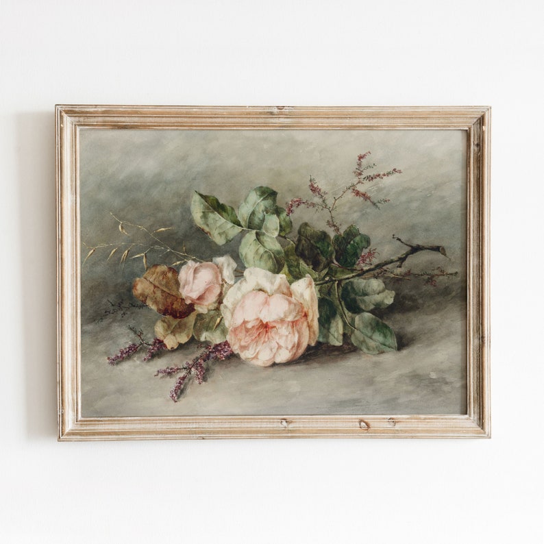 May include: A framed painting of a bouquet of pink roses with green leaves and stems. The roses are arranged in a loose, natural style, and the background is a soft, muted gray.