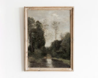 May include: A framed painting of a landscape with trees and a stream. The painting is done in muted tones of brown, green, and gray.