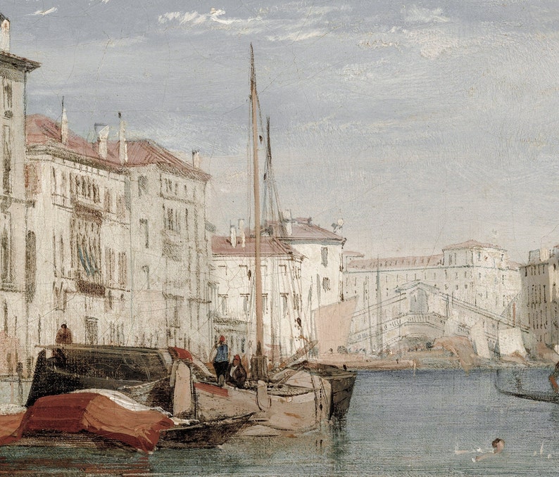K&ouml;nnte beinhalten: Ein Aquarell, das eine Kanalszene in Venedig, Italien, darstellt. Das Gem&auml;lde zeigt eine Br&uuml;cke, Geb&auml;ude und Boote. Der Himmel ist hellblau mit wei&szlig;en Wolken.