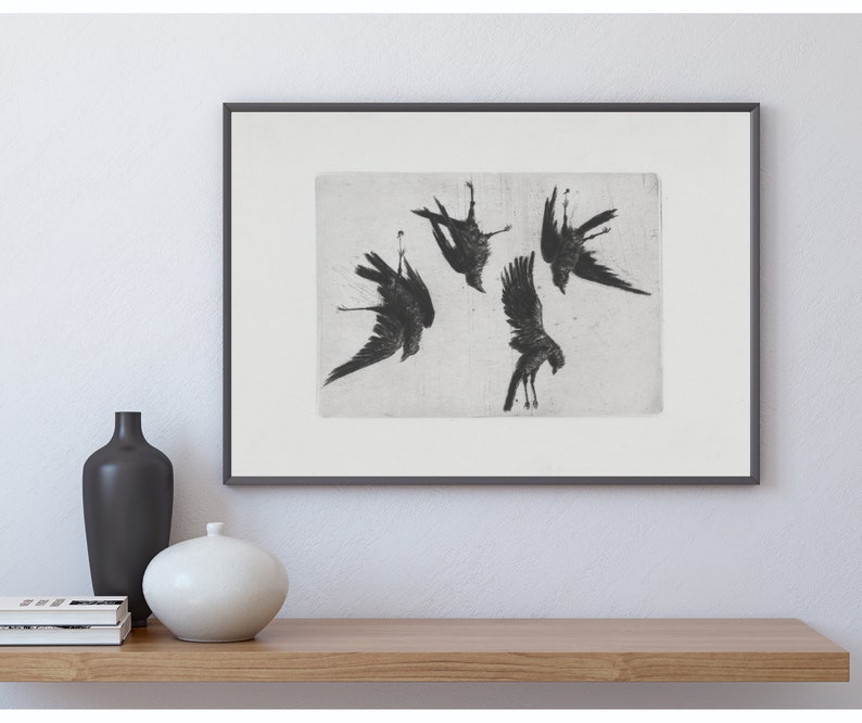 Four Ravens Vintage Dark Bird Art Black and White Artwork Etching Digital Download 378 image 3