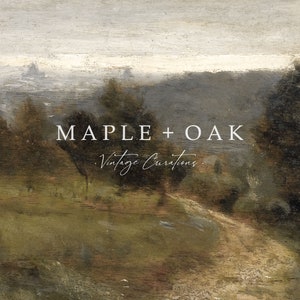 May include: A vintage-style painting of a landscape with a dirt road leading through a forest. The text "MAPLE + OAK Vintage Curations." is superimposed on the image.