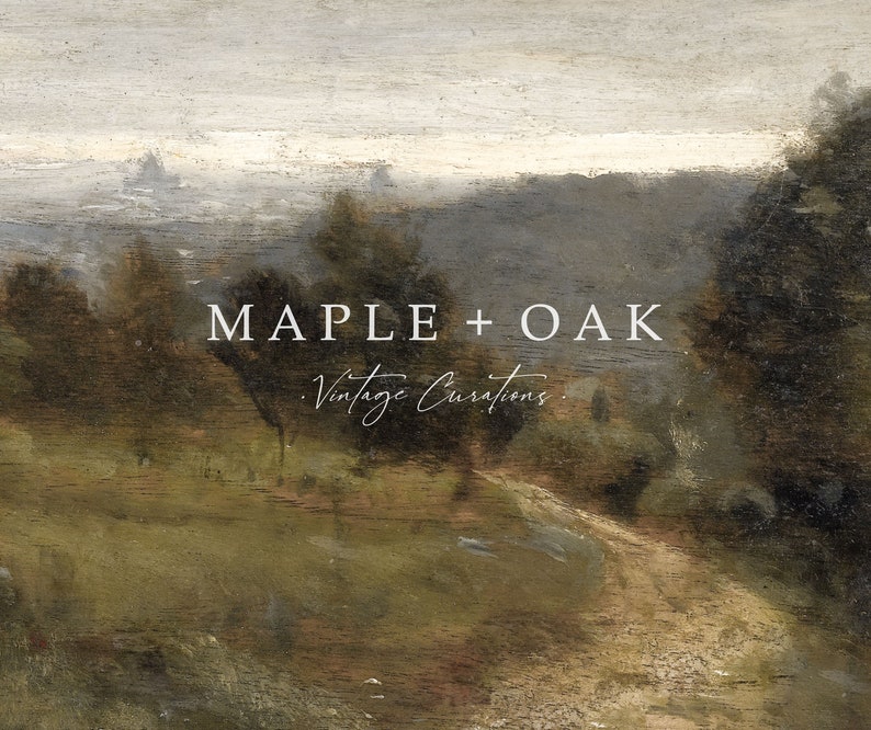 May include: A vintage-style painting of a landscape with a dirt road leading through a forest. The text "MAPLE + OAK Vintage Curations." is superimposed on the image.