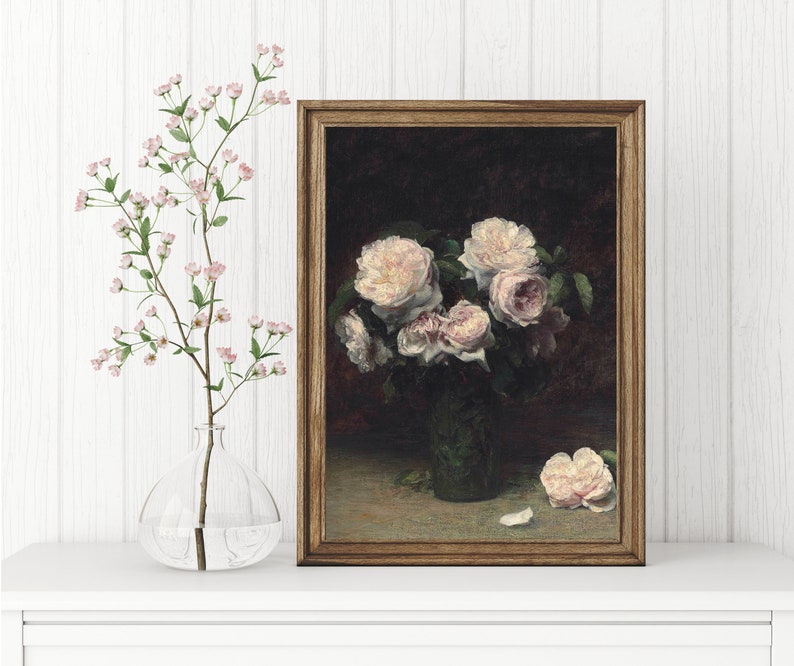 May include: A framed painting of a bouquet of pink roses in a vase. The roses are arranged in a loose, natural style, and the vase is a simple, clear glass.