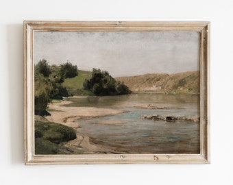 Rio Oka | Pintura de Paisagem Aquática Vintage | Arte de Curva do Rio | Arte de Natureza Neutra | Download Digital | 681
