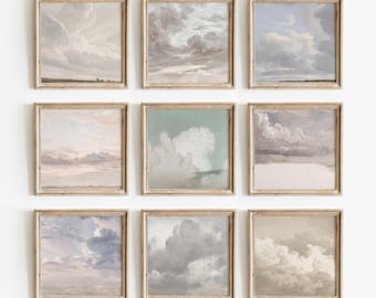 Clouds Set of 9 | Vintage Square Sky Study Paintings | Cloud Gallery Wall Art | Nursery Art Decor | Digital Download | 889