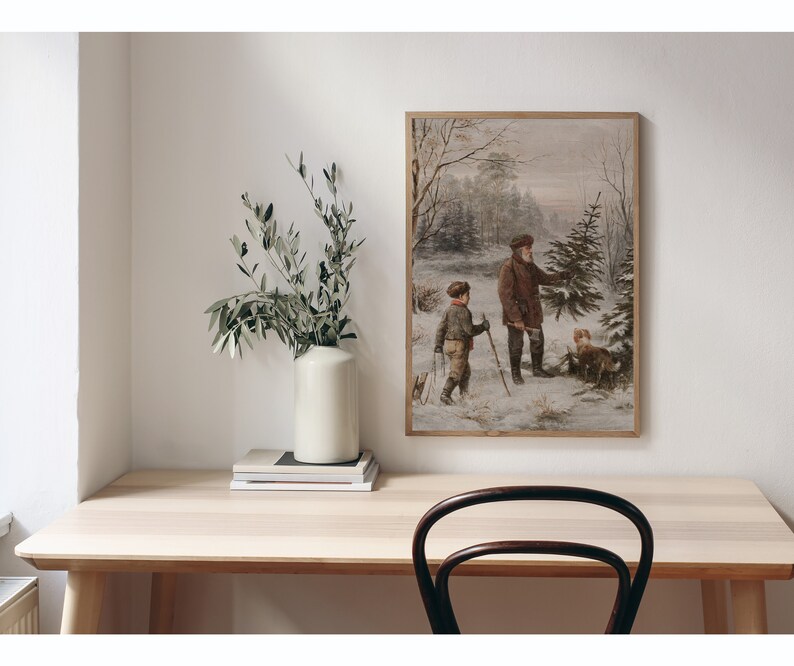 La chasse aux arbres de Noël vintage Festive Holiday Decor Art Peinture à l'huile d'hiver Téléchargement numérique 498 image 4