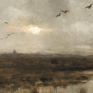 May include: A painting of a landscape with a cloudy sky and a flock of birds flying overhead. The sky is a light gray with hints of blue and white. The birds are black and are flying in a V-formation. The landscape is a muted brown and green.