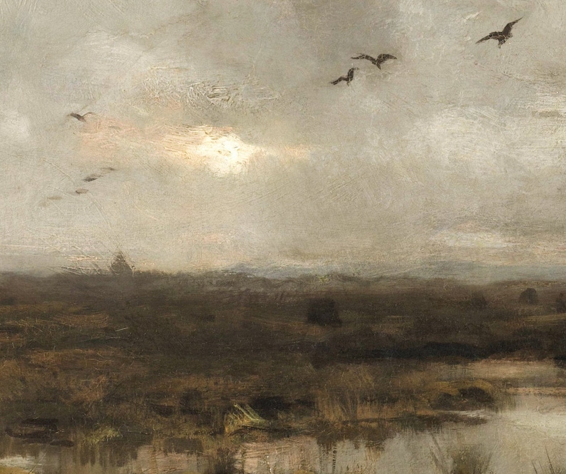 May include: A painting of a landscape with a cloudy sky and a flock of birds flying overhead. The sky is a light gray with hints of blue and white. The birds are black and are flying in a V-formation. The landscape is a muted brown and green.