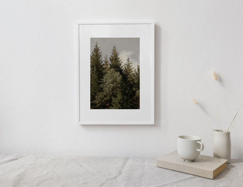 Op de afbeelding: Een ingelijste print van een bos sc&egrave;ne met hoge groenblijvende bomen en een bewolkte lucht. De bomen zijn donkergroen en de lucht is lichtgrijs.