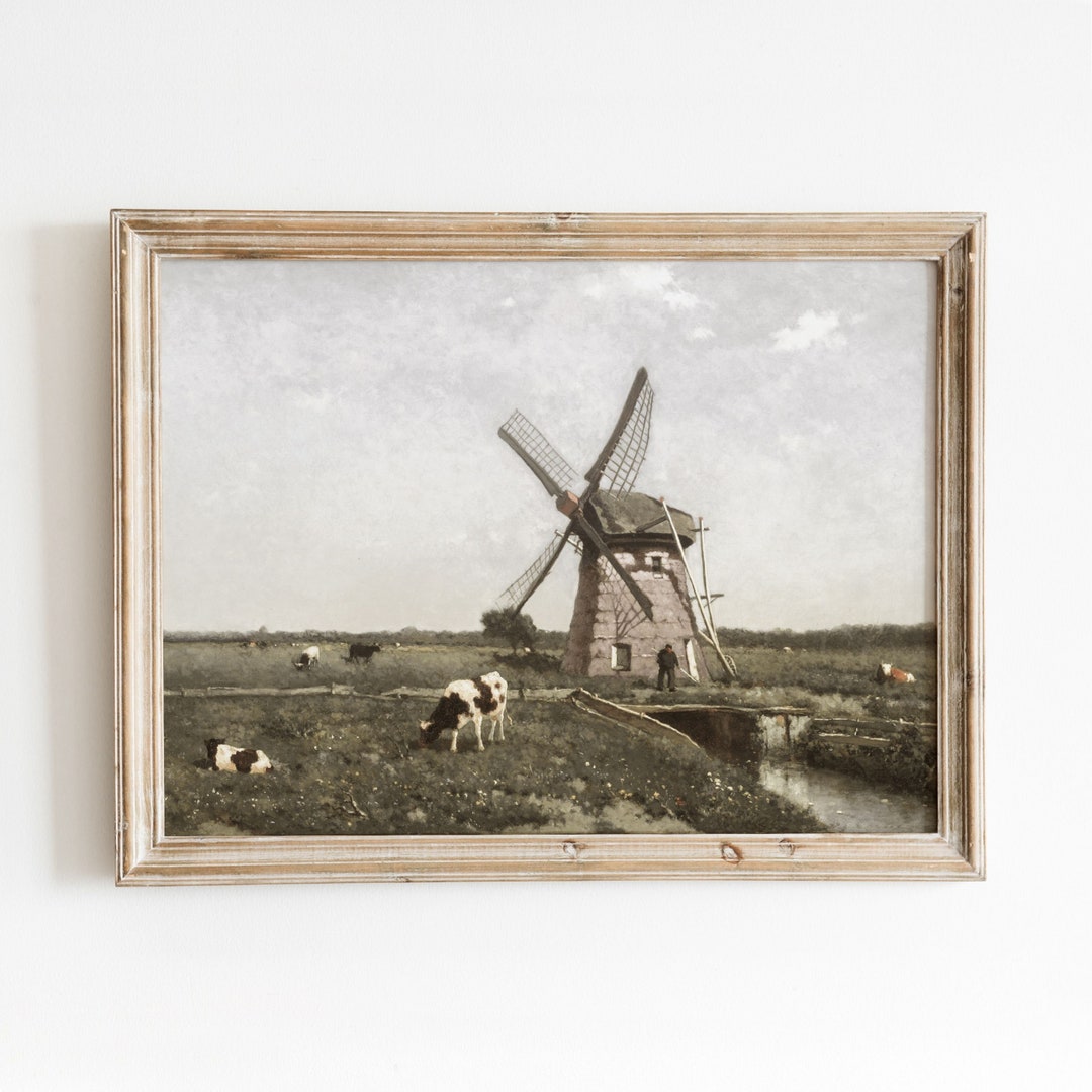 オランダの田舎の風景。風車が描かれている油絵です。サイン有 風車のある風景画 A4 オランダのアート