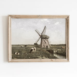 Windmill + Cows | Vintage Dutch Landscape Art | European Countryside Painting | Farm Decor | Digital Download | 503