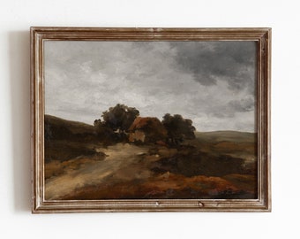 Puede incluir: Una pintura enmarcada que representa un paisaje rural con una pequeña cabaña ubicada entre árboles. El cielo está cubierto de nubes grises, y el suelo es una mezcla de marrón y verde.