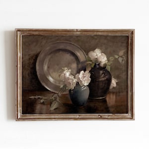 Flower + Plate Still Life | Vintage Kitchen Painting | Dark Moody Floral Still Art | Printable Art | Digital Download | 241