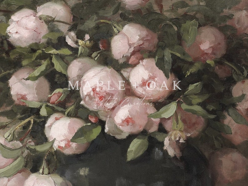 May include: An oil painting of a bouquet of pink roses with green leaves. The roses are in full bloom, with soft, delicate petals. The painting has a vintage aesthetic, with the text "MAPLE + OAK Vintage Creations" in the center.